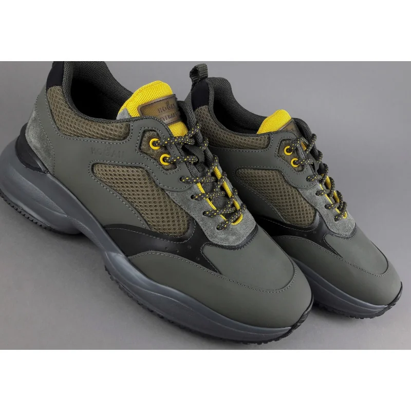 Hogan Sneakers Interaction Uomo Pelle Gommata Tela Verde Militare Prezzo 360,00