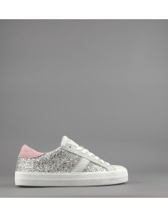 D.A.T.E. --- Sneakers Hill Low Donna Glitter Platino Pelle Avorio