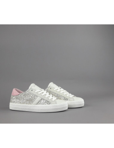 D.A.T.E. --- Sneakers Hill Low Donna Glitter Platino Pelle Avorio