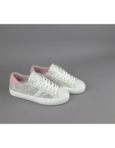 D.A.T.E. --- Sneakers Hill Low Donna Glitter Platino Pelle Avorio