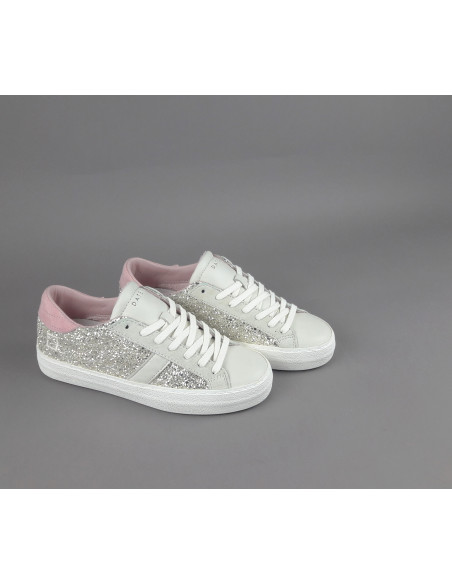 D.A.T.E. --- Sneakers Hill Low Donna Glitter Platino Pelle Avorio