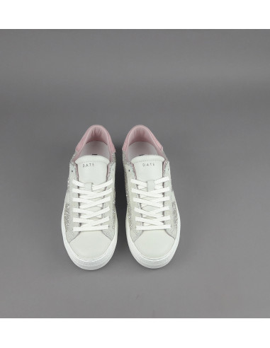 D.A.T.E. --- Sneakers Hill Low Donna Glitter Platino Pelle Avorio