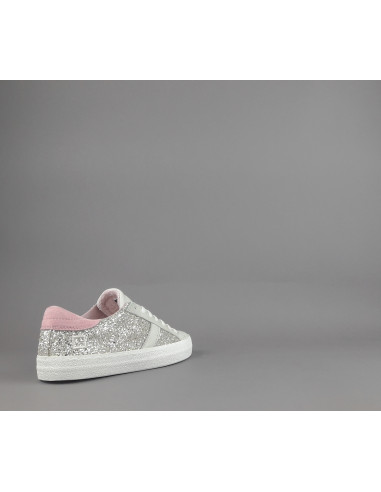 D.A.T.E. --- Sneakers Hill Low Donna Glitter Platino Pelle Avorio
