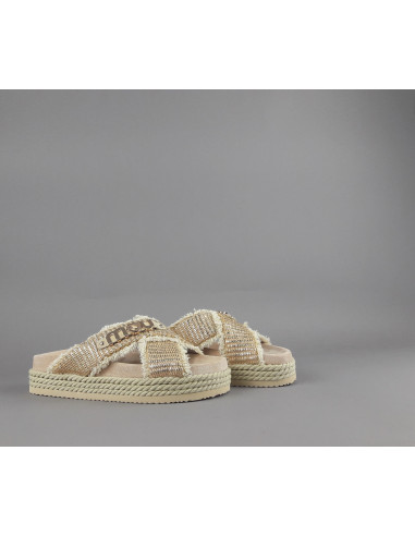 Mou --- Sandalo Criss-Cross Donna Rafia Beige Oro