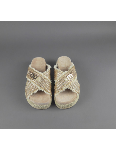 Mou --- Sandalo Criss-Cross Donna Rafia Beige Oro