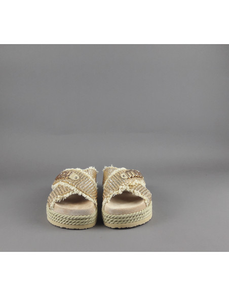 Mou --- Sandalo Criss-Cross Donna Rafia Beige Oro