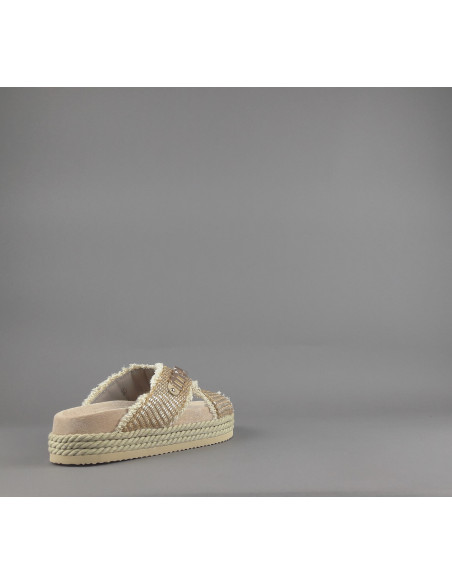 Mou --- Sandalo Criss-Cross Donna Rafia Beige Oro