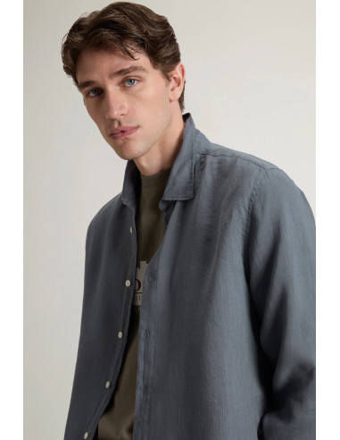Woolrich --- Camicia Uomo Lino Blu Grigio