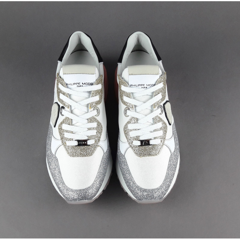 Philippe Model --- Sneakers Donna La Rue Glitter E Tela Bianco Argento Oro Rosa Antico Prezzo 370,00