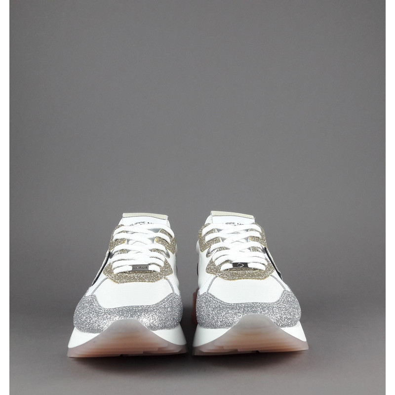 Philippe Model --- Sneakers Donna La Rue Glitter E Tela Bianco Argento Oro Rosa Antico Prezzo 370,00