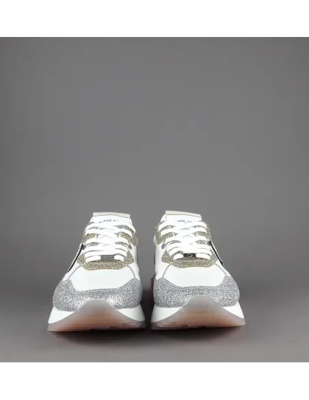 Philippe Model --- Sneakers Donna La Rue Glitter E Tela Bianco Argento Oro Rosa Antico Prezzo 370,00