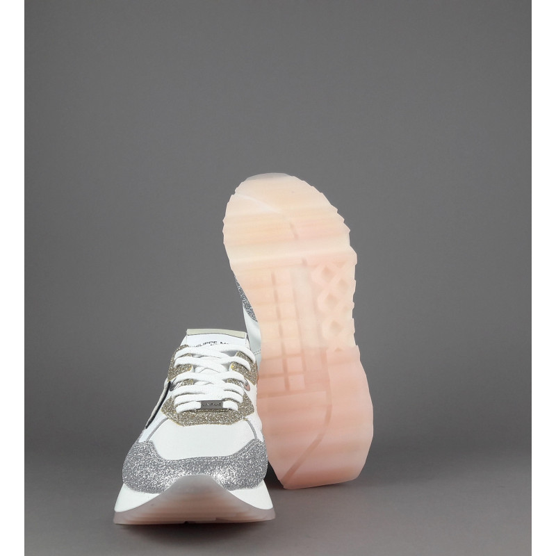 Philippe Model --- Sneakers Donna La Rue Glitter E Tela Bianco Argento Oro Rosa Antico Prezzo 370,00