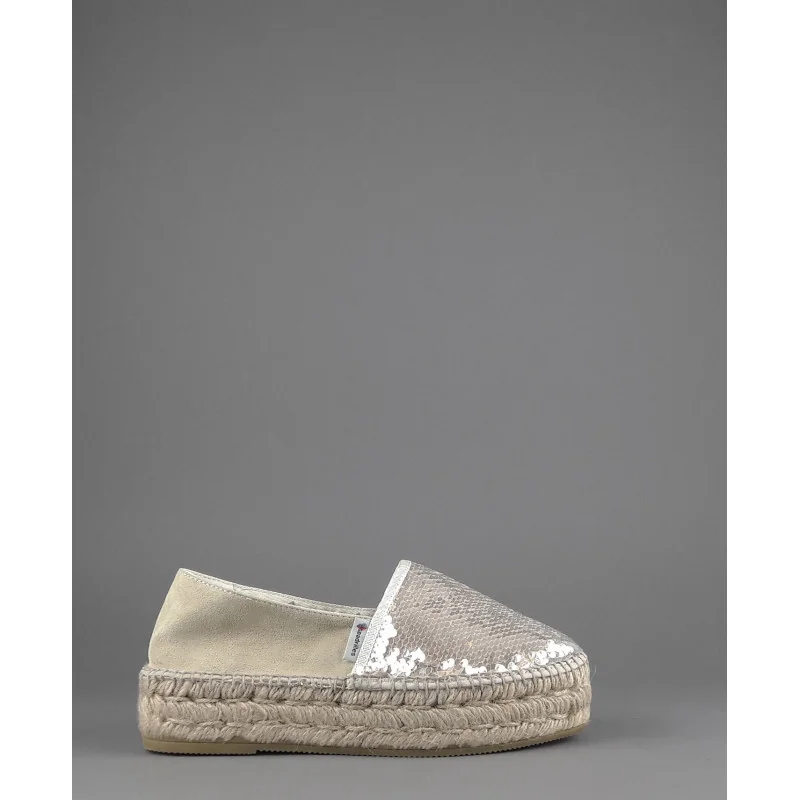 Espadrilles Scarpa Donna Tessuto Paillettes E Camoscio Beige Prezzo 110,00