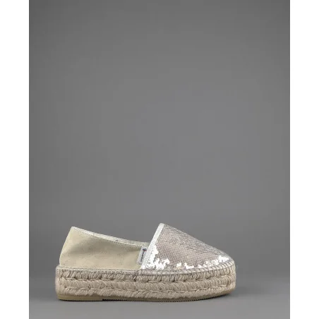 Espadrilles Scarpa Donna Tessuto Paillettes E Camoscio Beige Prezzo 110,00